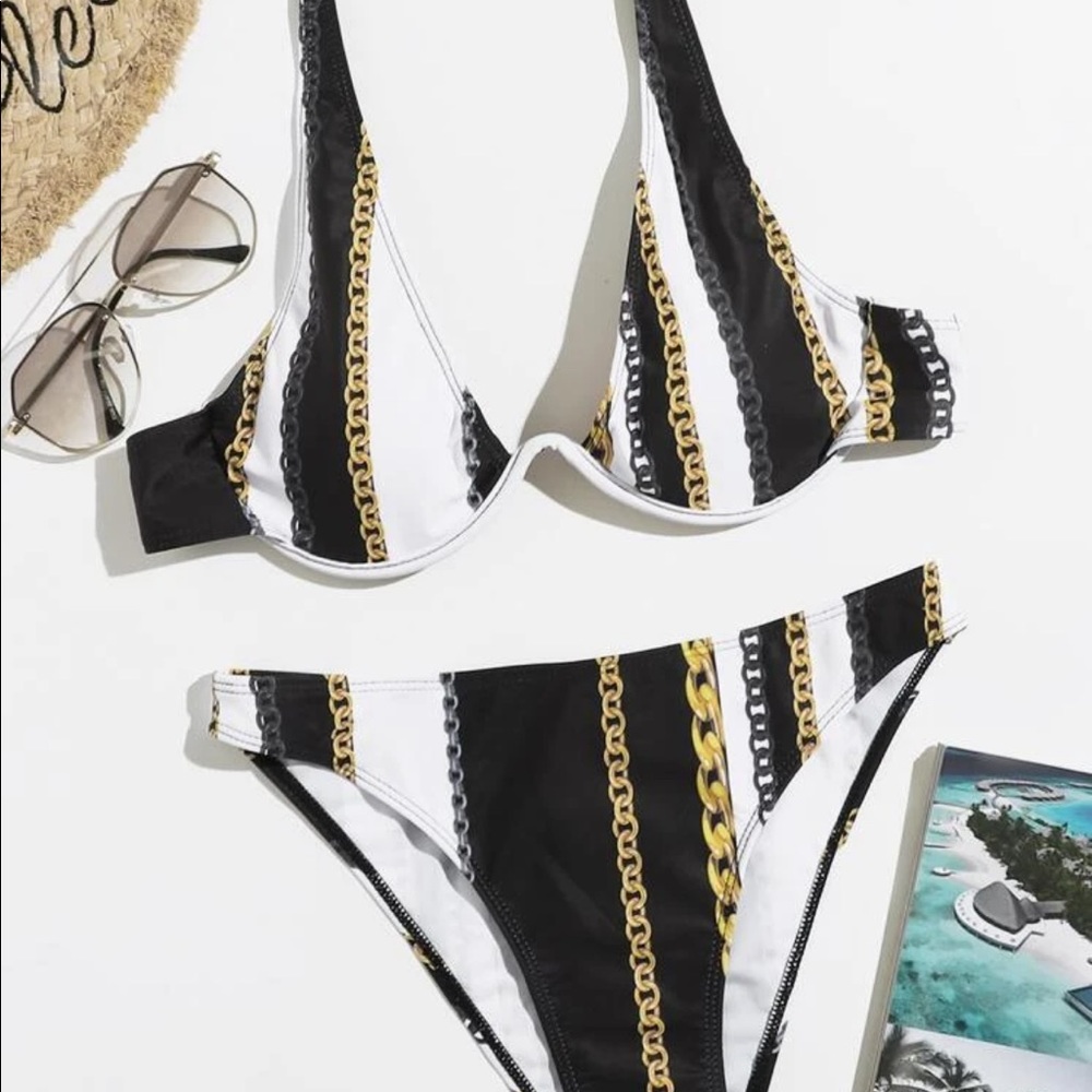 Gold Chain Print Black & White Striped Bikini Set - Picture 1 of 7